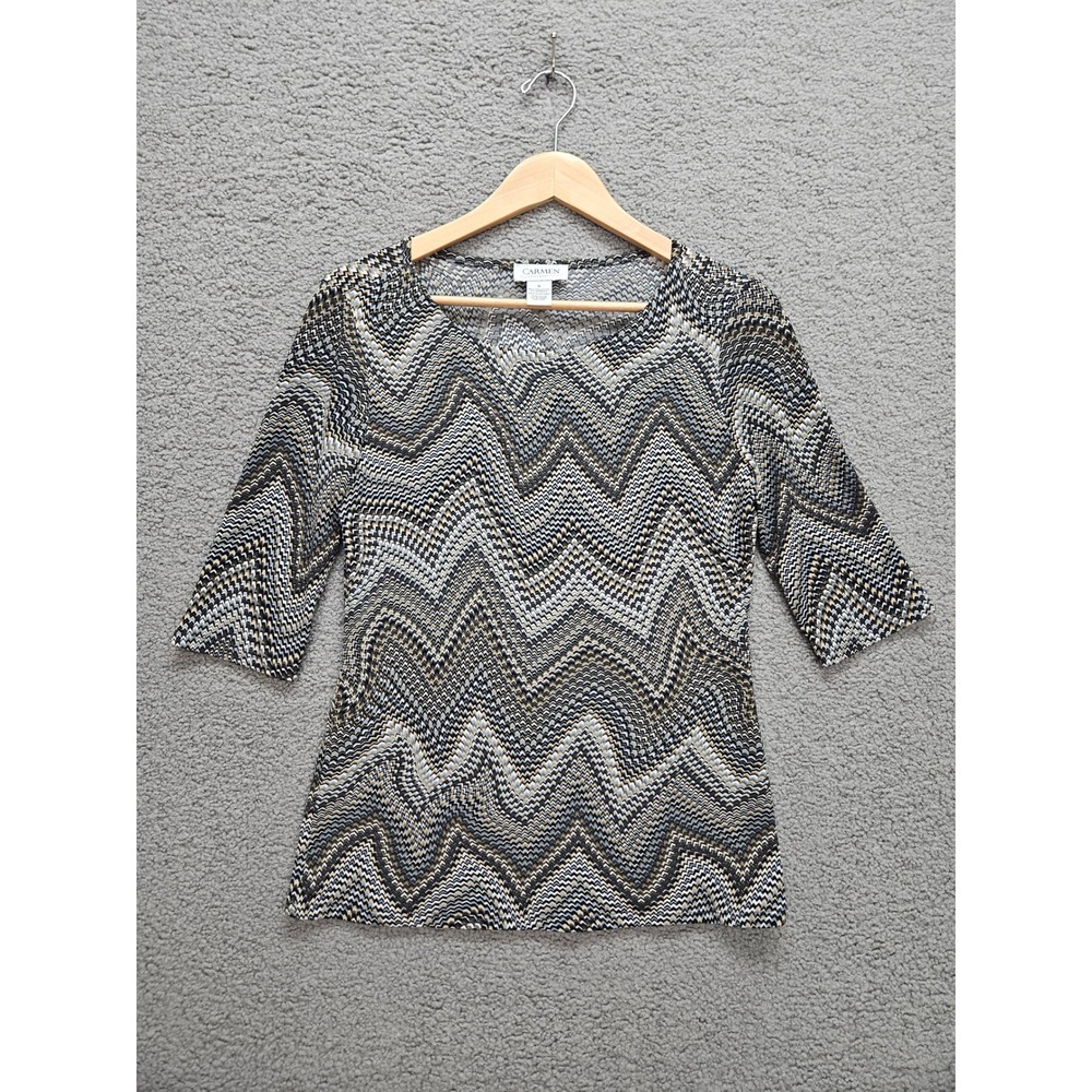 Carmen Marc Valvo Top Small Multi Zig Zag Chevron Knit 3/4 Sleeve Scoop Neck